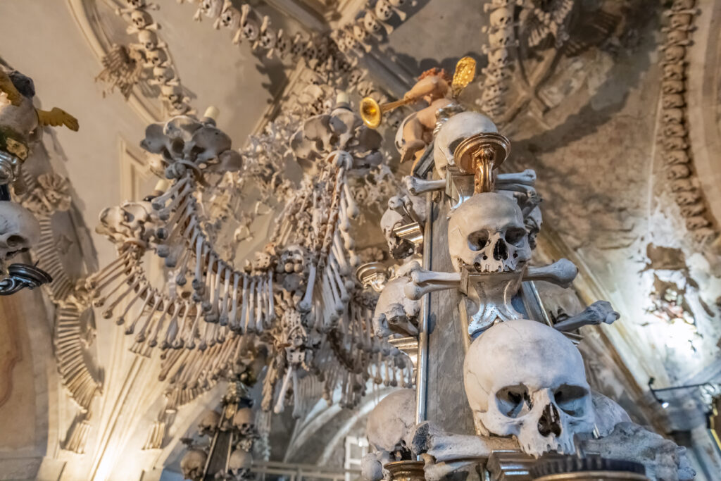 Interior detail of the Sedlec Ossuary with bone decorations