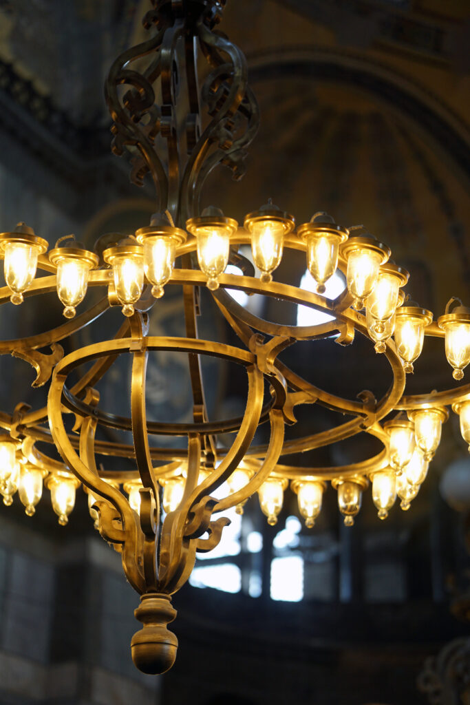 Chandeliers inside Hagia Sophia in Istanbul
