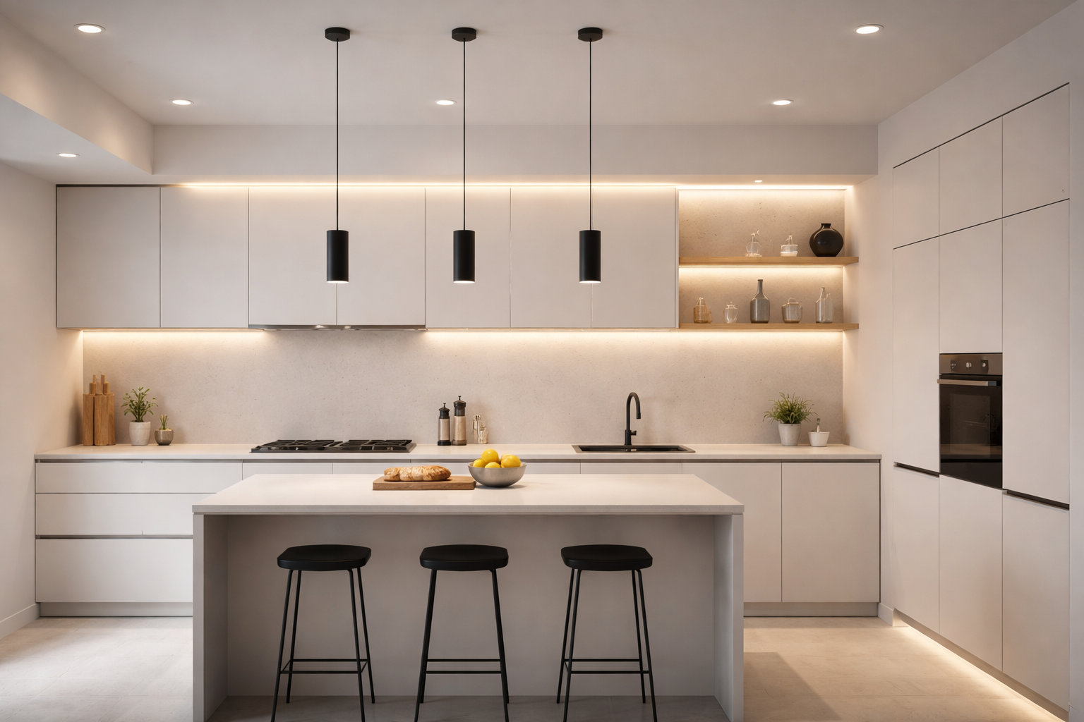 Modern minimalist kitchen showing layered lighting with recessed ceiling lights, black pendant lights above the island, under-cabinet LED lighting, and warm accent lighting
