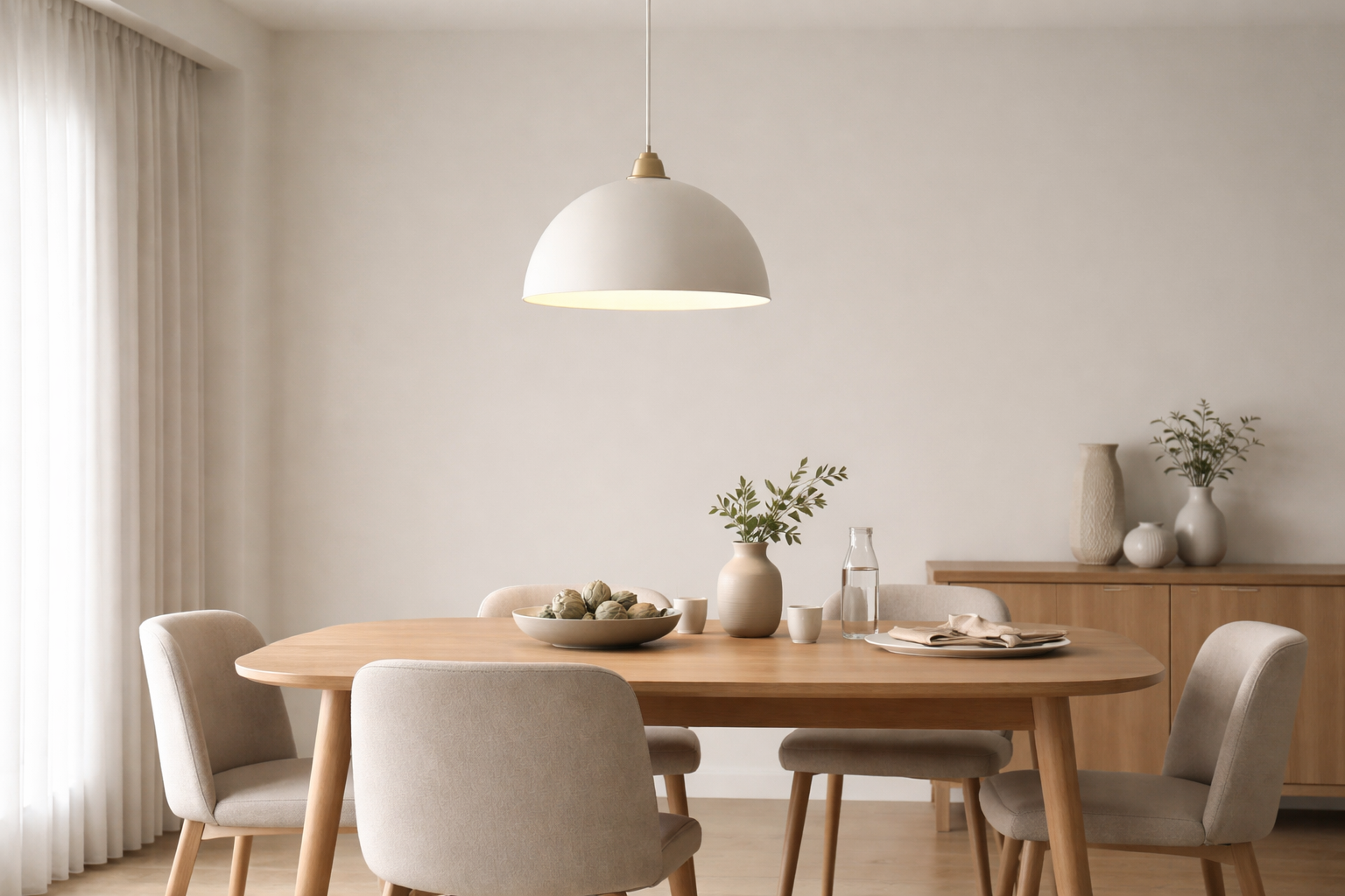 Single pendant light hanging above a round wooden dining table in a neutral modern dining room.