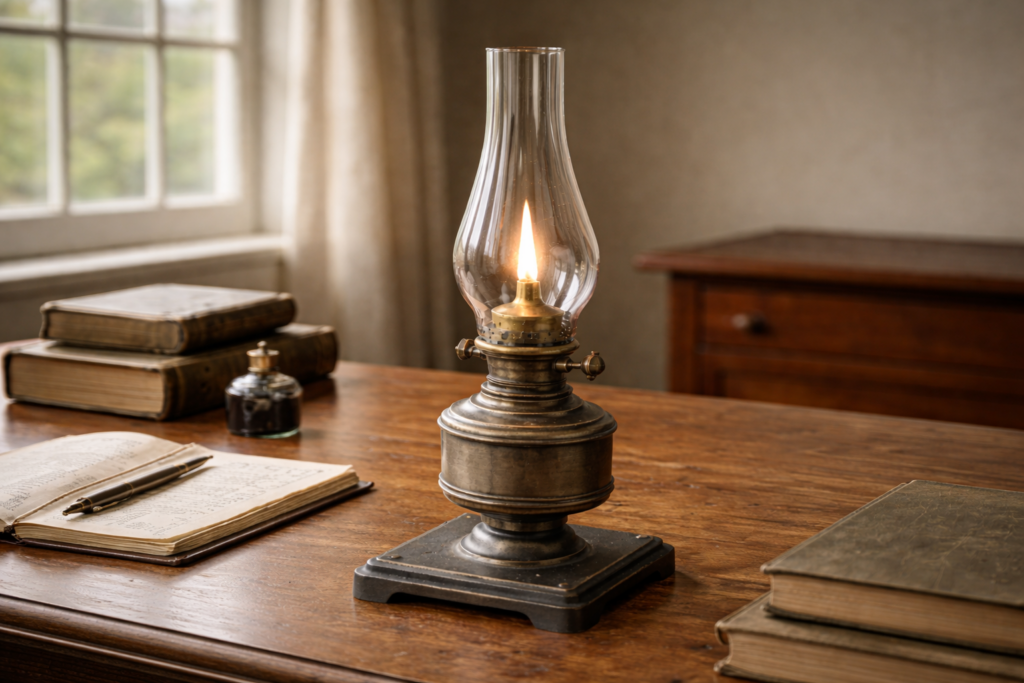Late oil lamp with glass chimney and adjustable burner illustrating controlled flame lighting.