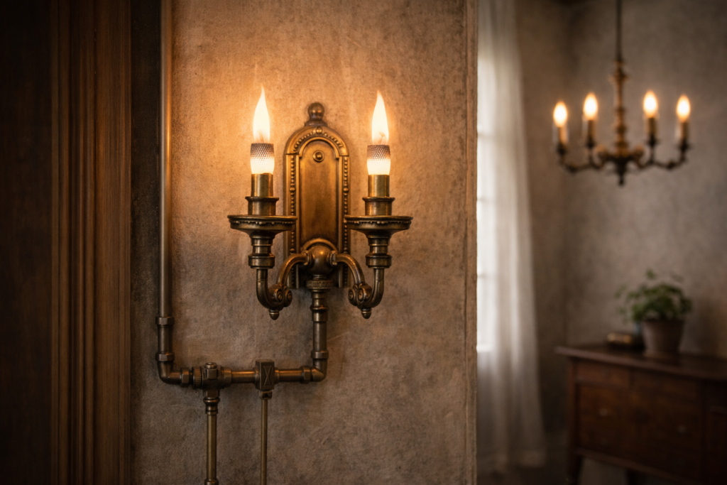 Early gas and oil lamps with exposed flames and glass chimneys.