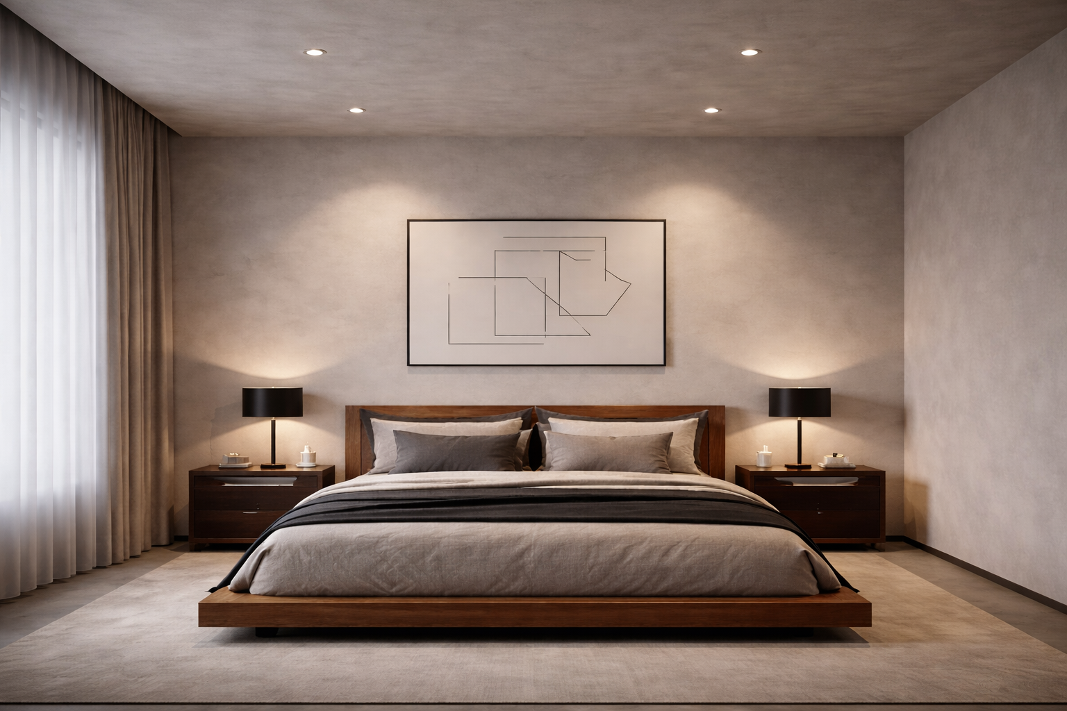 Symmetrical modern bedroom with recessed ceiling downlights and black bedside lamps