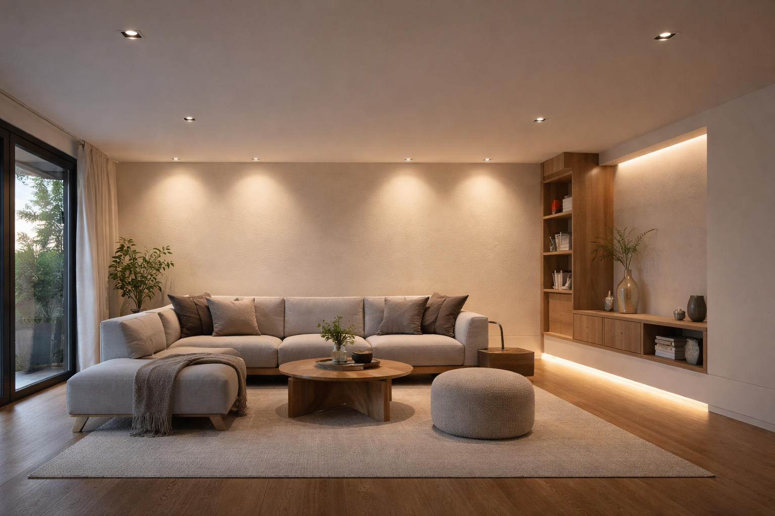 Modern living room with recessed anti-glare downlights and soft wall washing creating balanced illumination