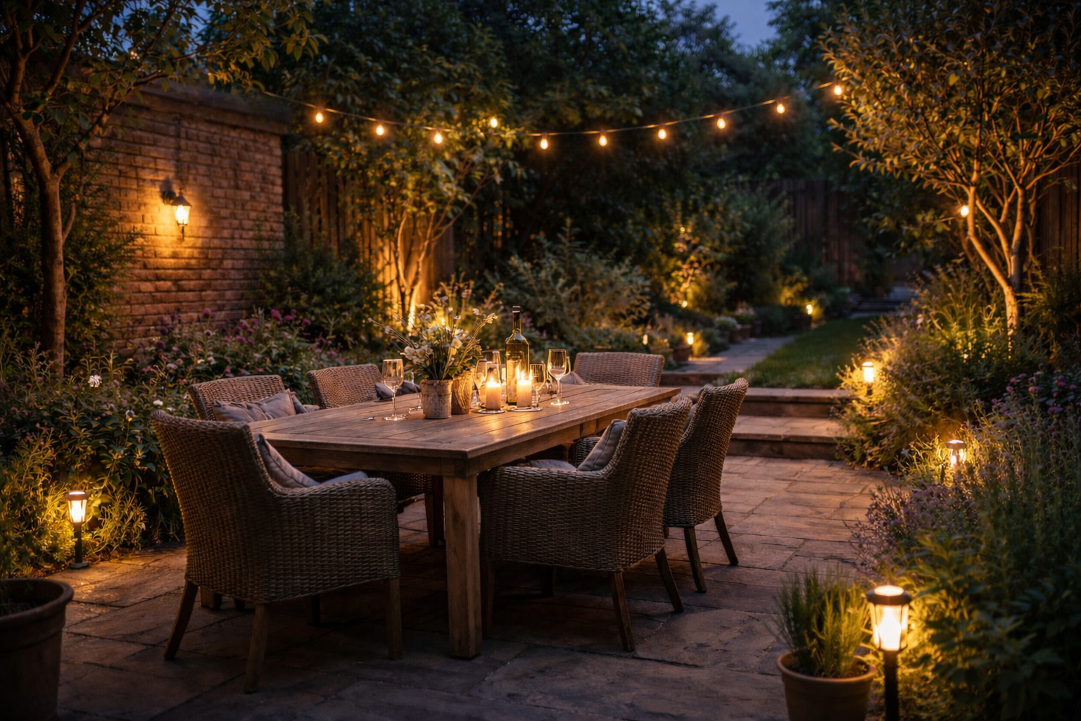 Layered garden lighting design at dusk with warm wall lights, spike lights and festoon lighting over outdoor dining table