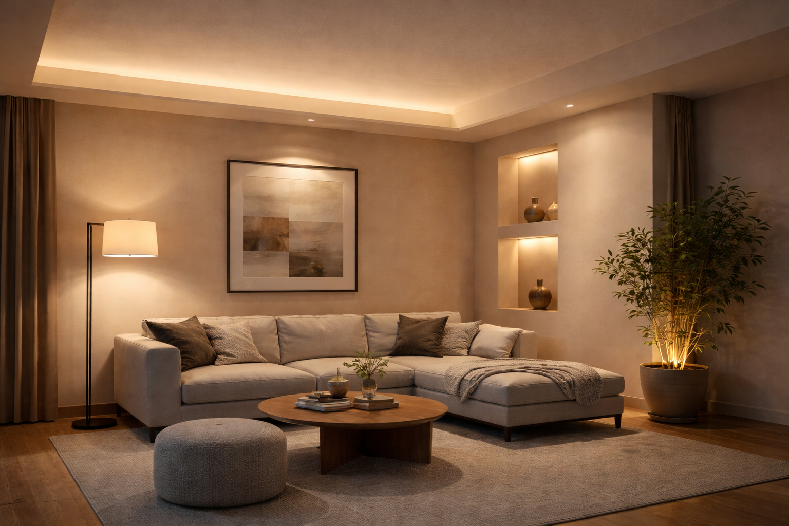 Modern living room with layered lighting featuring ceiling cove ambient light, floor lamp task lighting, illuminated wall niches and uplighted indoor plant