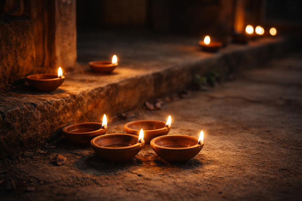 Rows of traditional diyas placed along a threshold during a festival