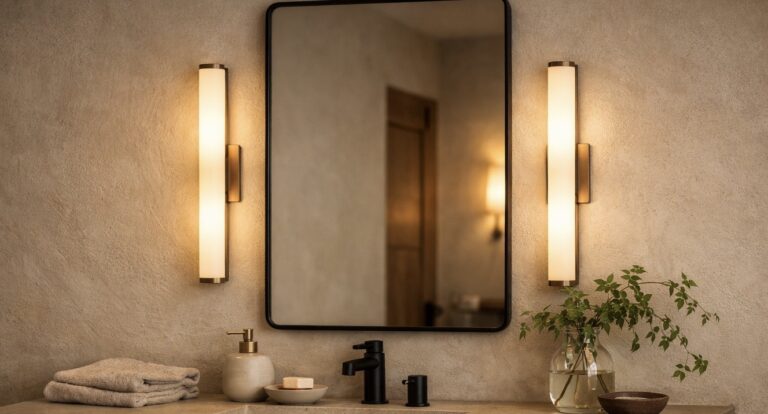 Rustic bathroom mirror with vertical wall lights providing warm, even illumination