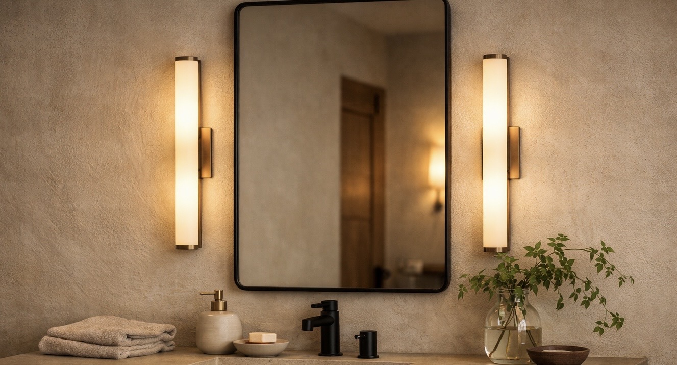 Rustic bathroom mirror with vertical wall lights providing warm, even illumination