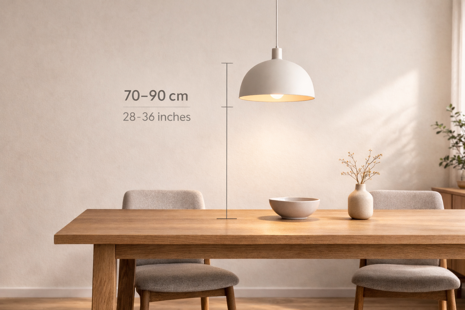 Pendant light hanging 70–90 cm (28–36 inches) above a dining table showing recommended height