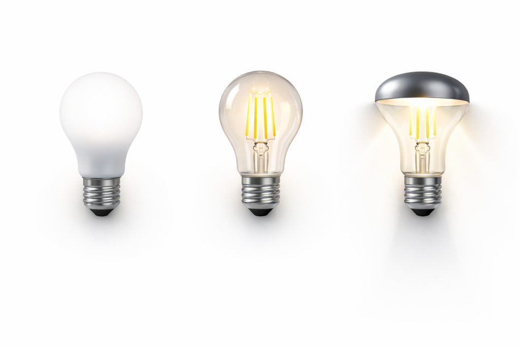 Three LED light bulbs showing different light behaviour: a frosted bulb with diffused light, a clear filament bulb with higher contrast, and a reflector LED producing directional light.