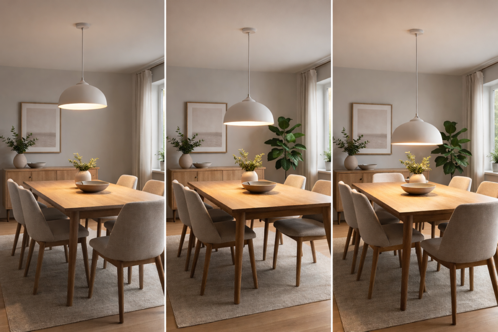 Three-panel comparison showing pendant lights hung too high, at recommended height, and too low above a dining table.