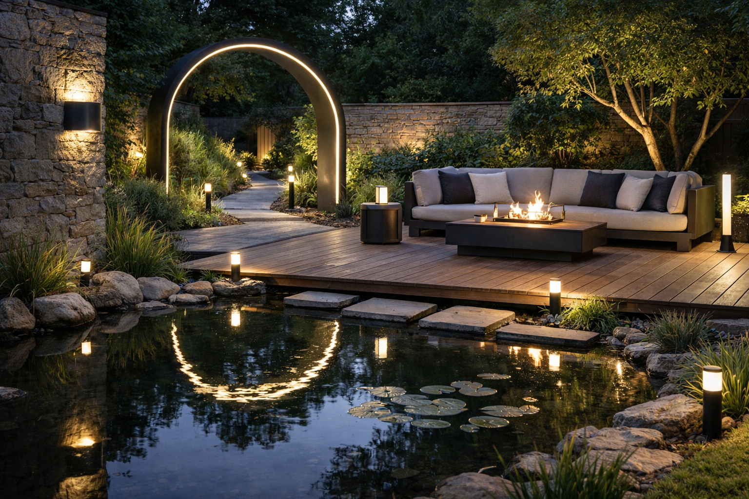 Modern garden lighting with warm white pathway lights, wall lights and feature arch illuminating a patio seating area beside a pond at night