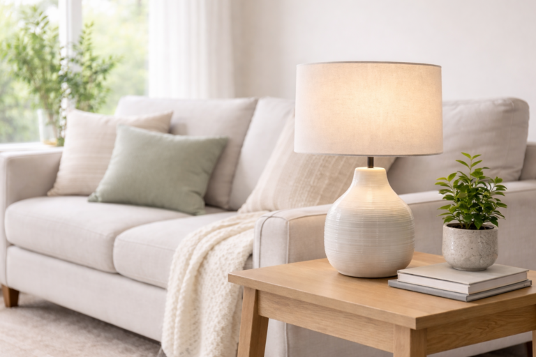 Table lamp with fabric shade on wooden side table beside sofa in bright living room