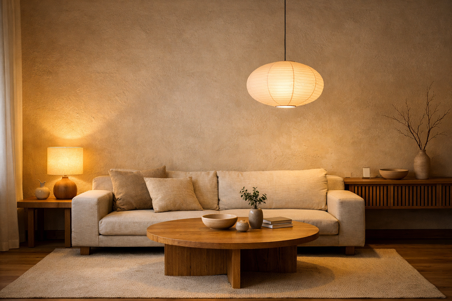 Japandi living room interior with warm table lamp and pendant lighting showing colour temperature effects