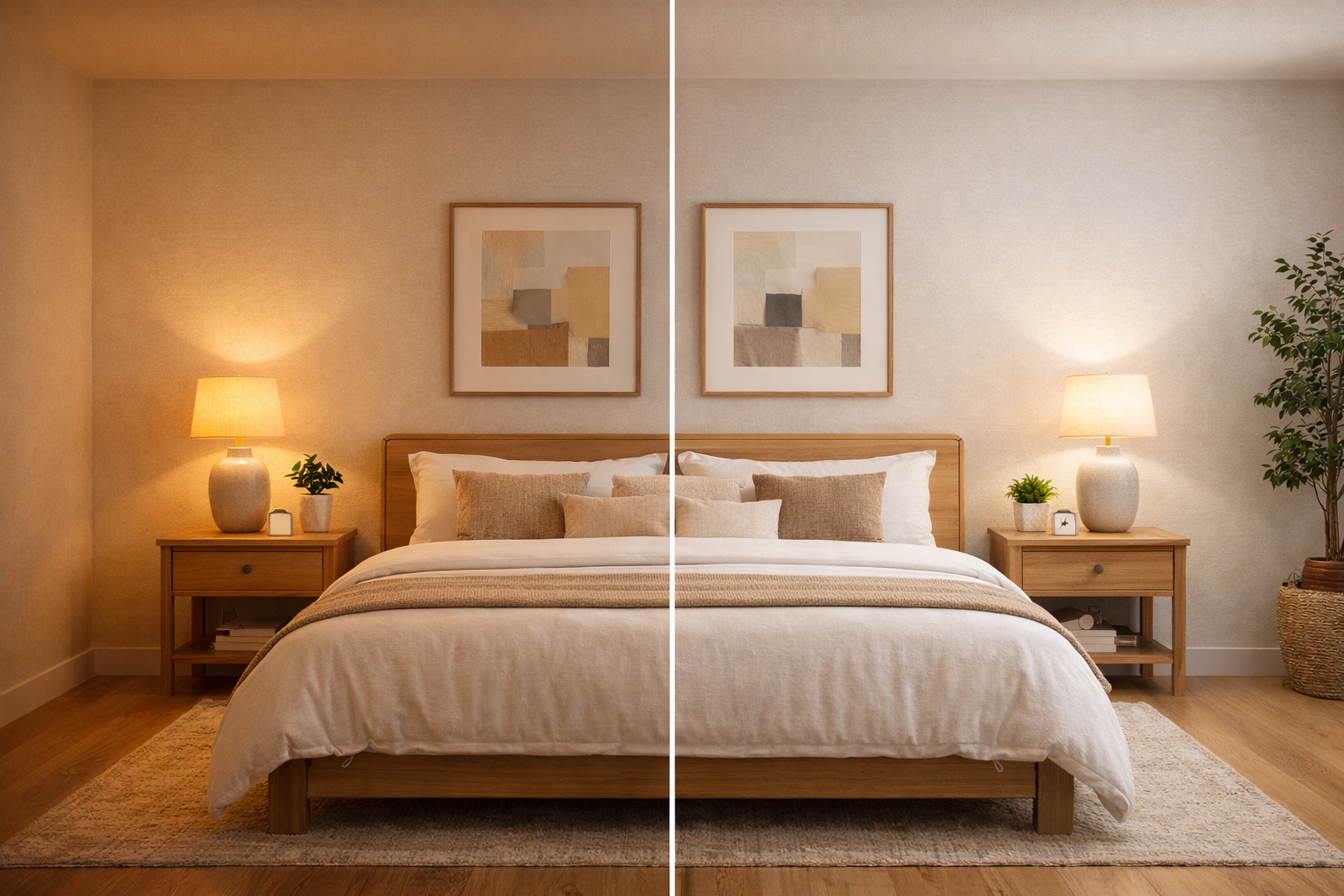2700K vs 3000K lighting comparison in a bedroom showing warm amber light versus slightly brighter warm white