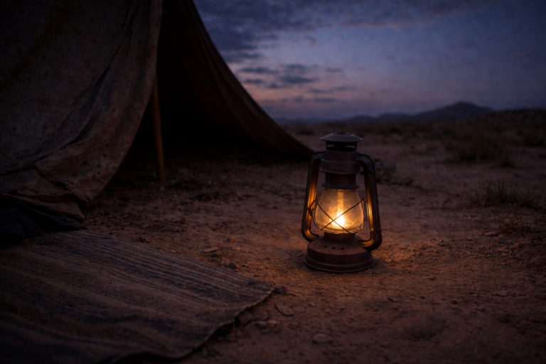 Oil lantern glowing beside a canvas tent at dusk in a desert camp setting