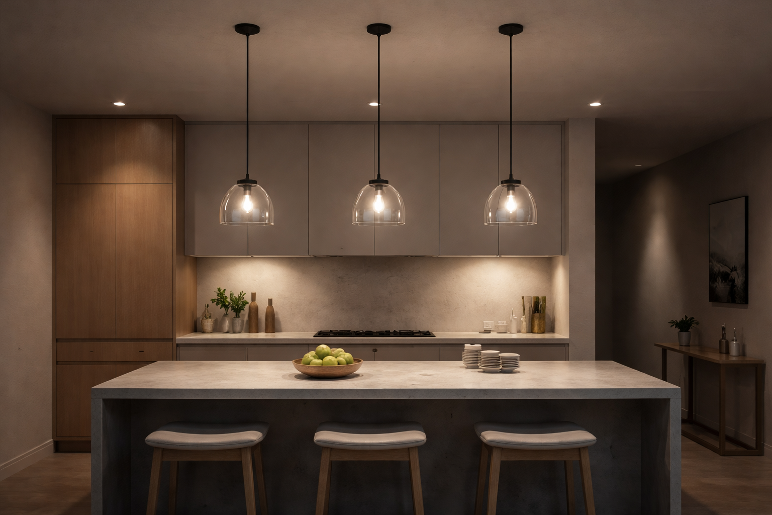 Three evenly spaced pendant lights illuminating a kitchen island in a darker interior
