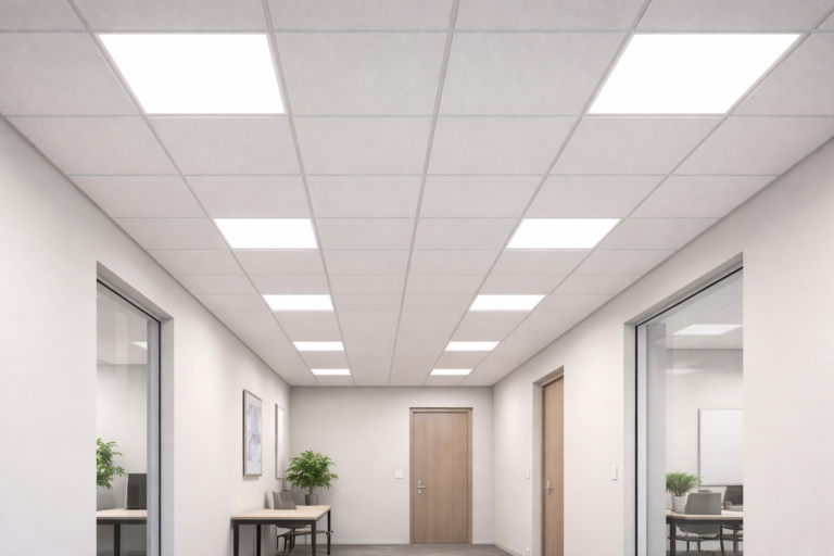 LED panel lights installed in suspended ceiling grid providing even corridor illumination