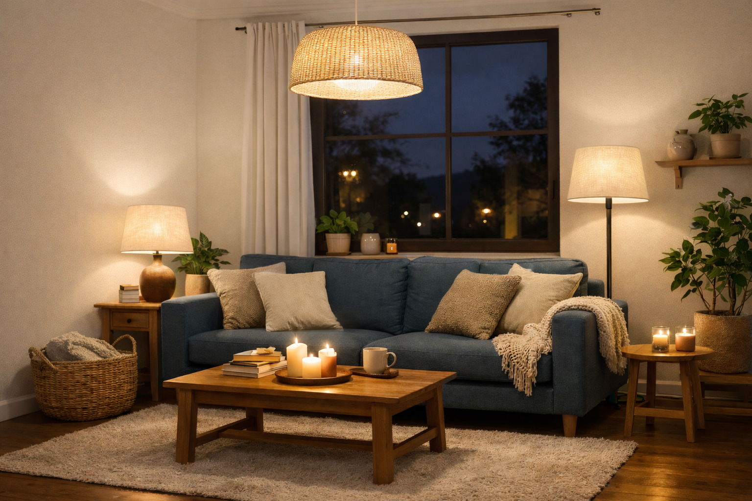 Scandinavian living room illuminated with warm white 2700K lighting from pendant, table and floor lamps