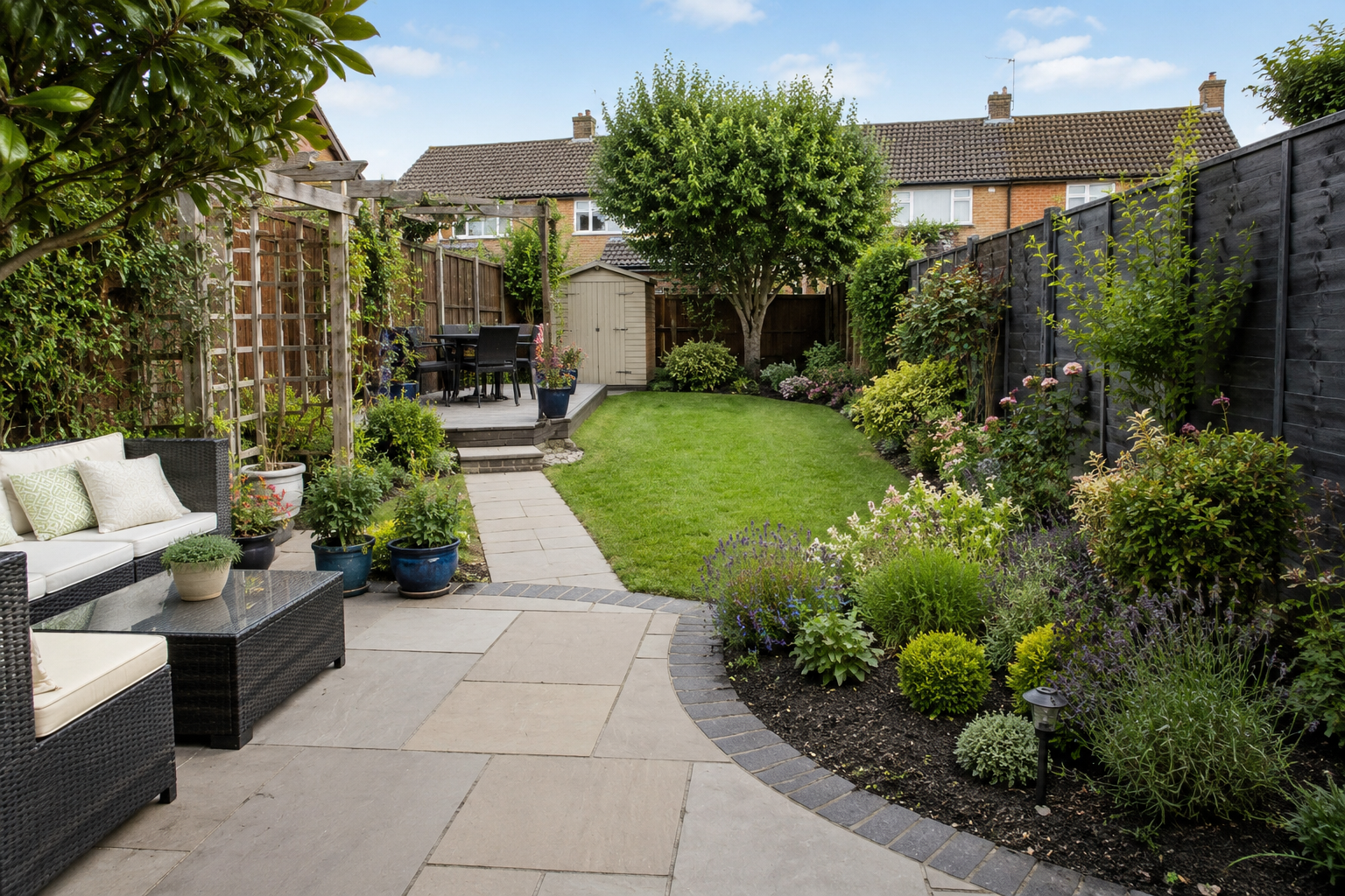 Modern suburban back garden with patio seating, lawn, planting borders and pergola in daylight
