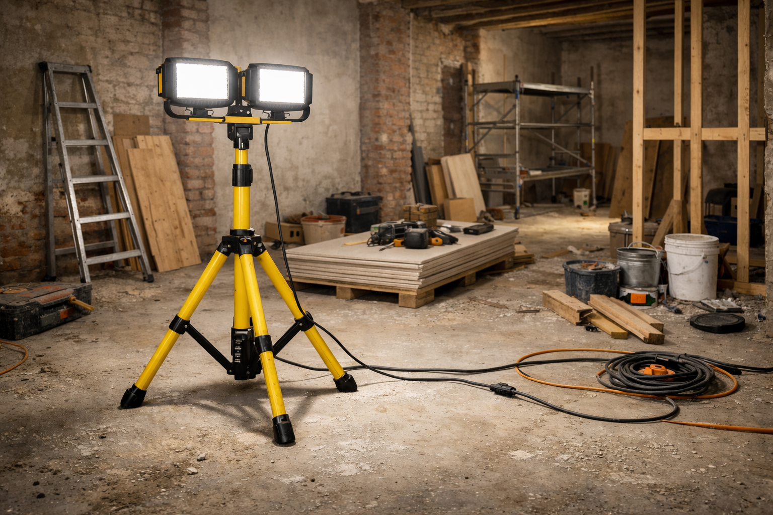 Portable LED tripod work light illuminating construction renovation workspace