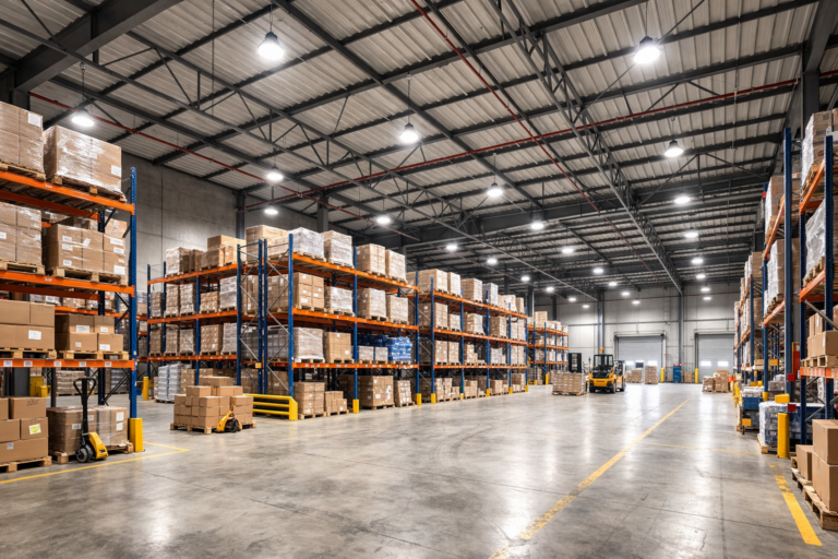 Large industrial warehouse with suspended high bay LED lighting and tall pallet racking