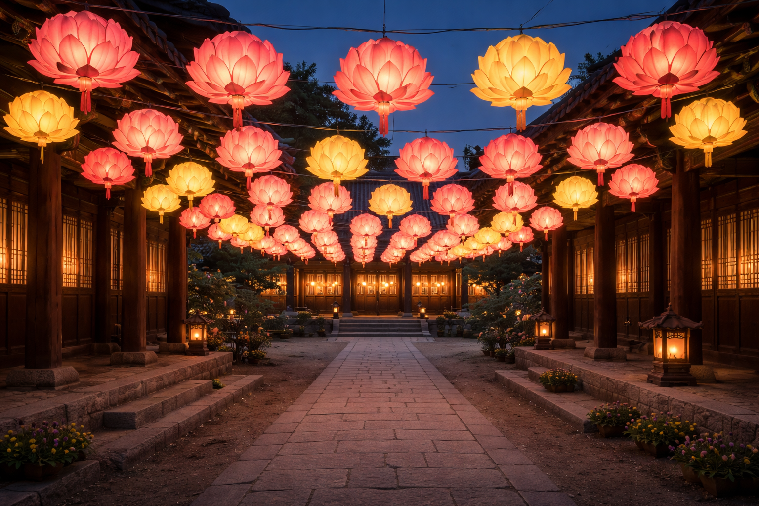 Lotus lanterns hanging in a Korean temple courtyard during the Yeondeunghoe Buddha’s Birthday festival at dusk