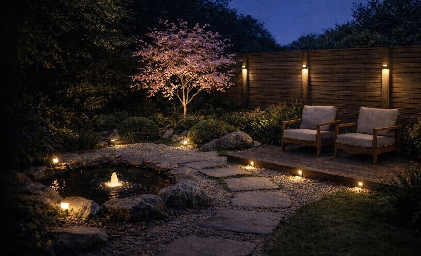 Small Japandi-inspired garden with pond and warm outdoor lighting at dusk