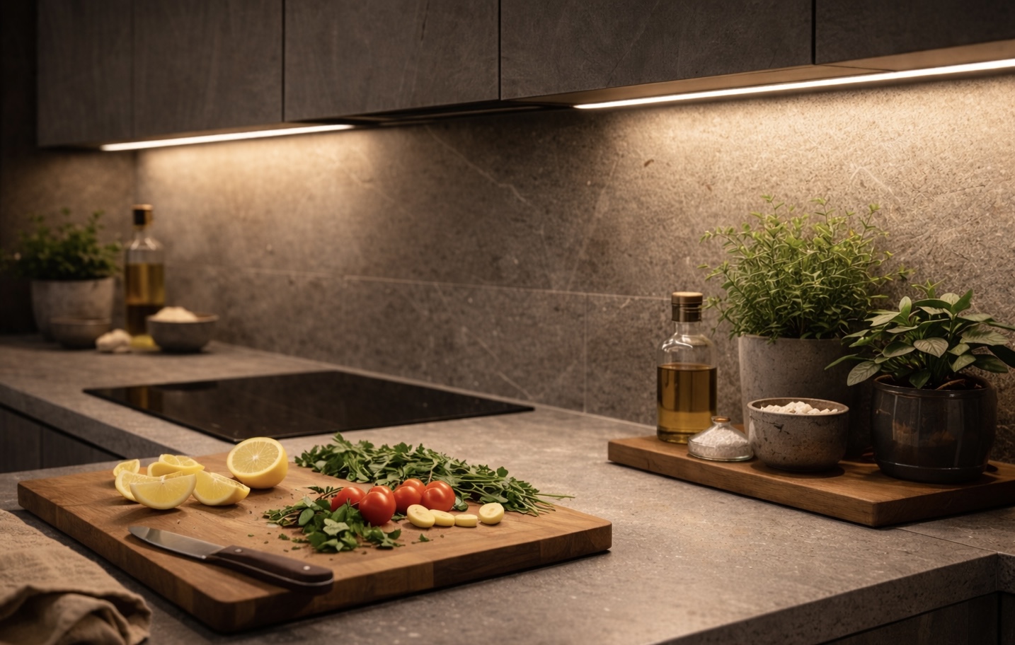 Under-cabinet LED lighting illuminating a kitchen worktop with soft glare-free light