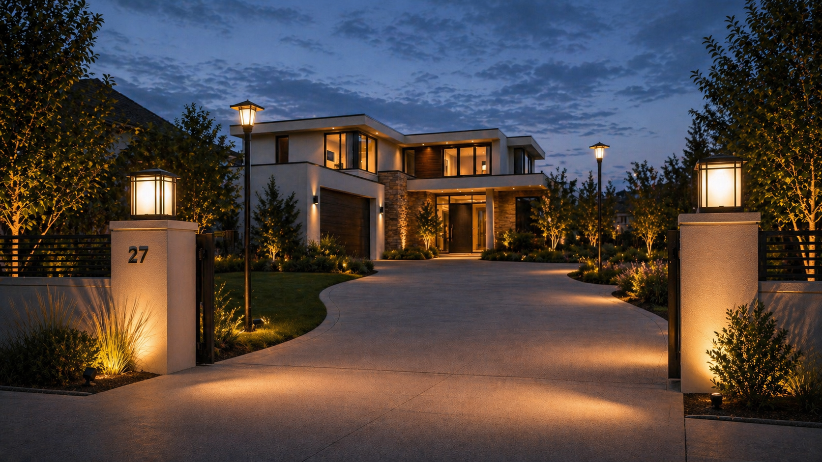 Post and pole lights illuminating a modern driveway entrance with pillar-mounted lanterns and tall pole lights guiding the approach at dusk