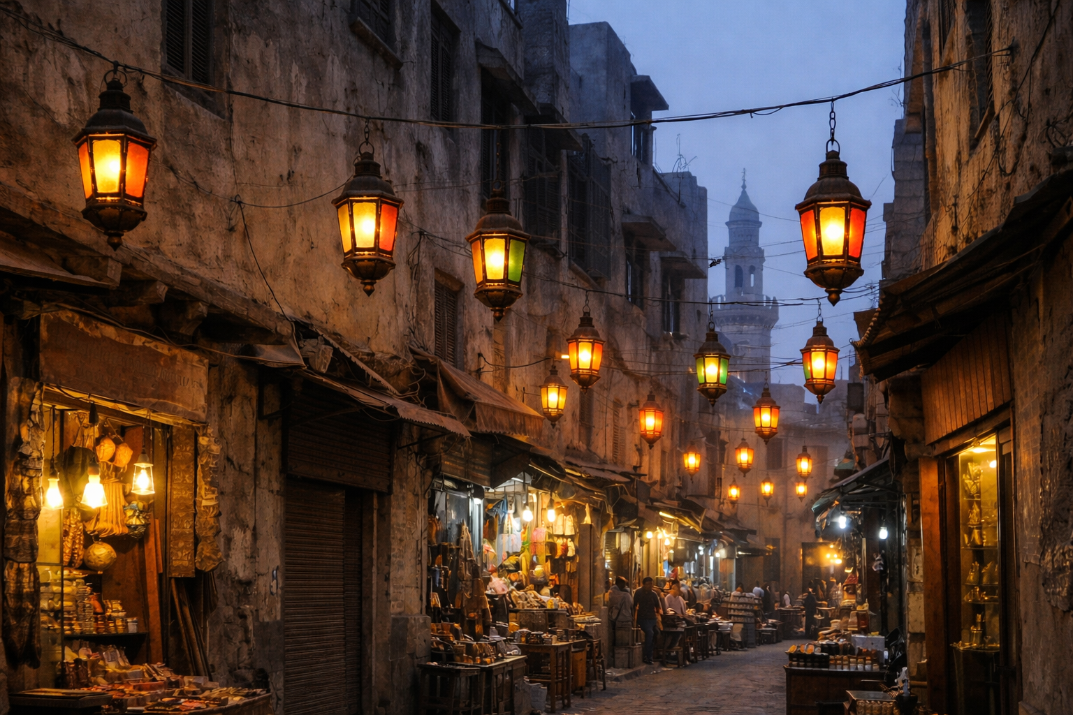 Ramadan lanterns hanging across a traditional Cairo street market at dusk