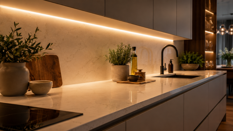 Contemporary kitchen with concealed warm 3000K under-cabinet LED strip lighting softly illuminating a light-coloured quartz worktop, creating glare-free task lighting with gentle reflected light and subtle shadows.