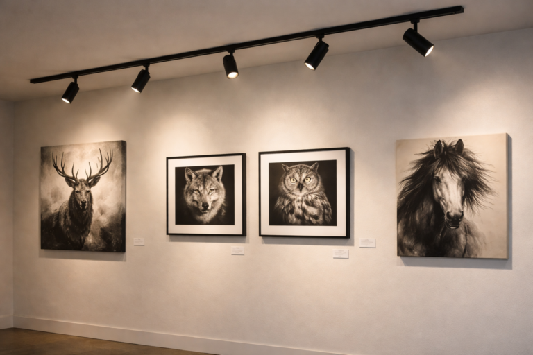 Ceiling-mounted track lighting illuminating framed animal artwork in a gallery-style interior