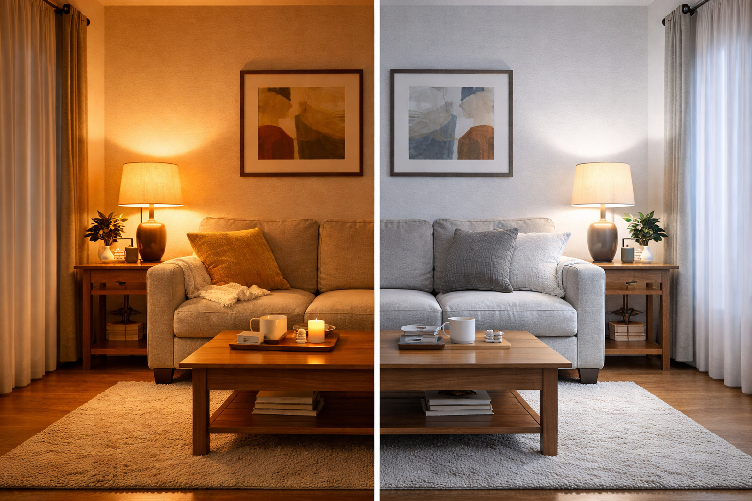 Warm white vs cool white lighting comparison in a living room showing colour temperature differences