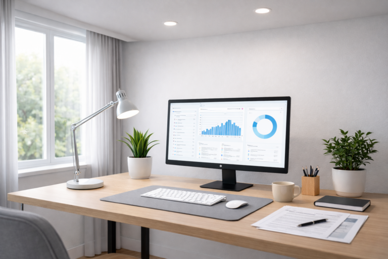 Home office workspace illuminated by a neutral white 4000K desk lamp and downlights