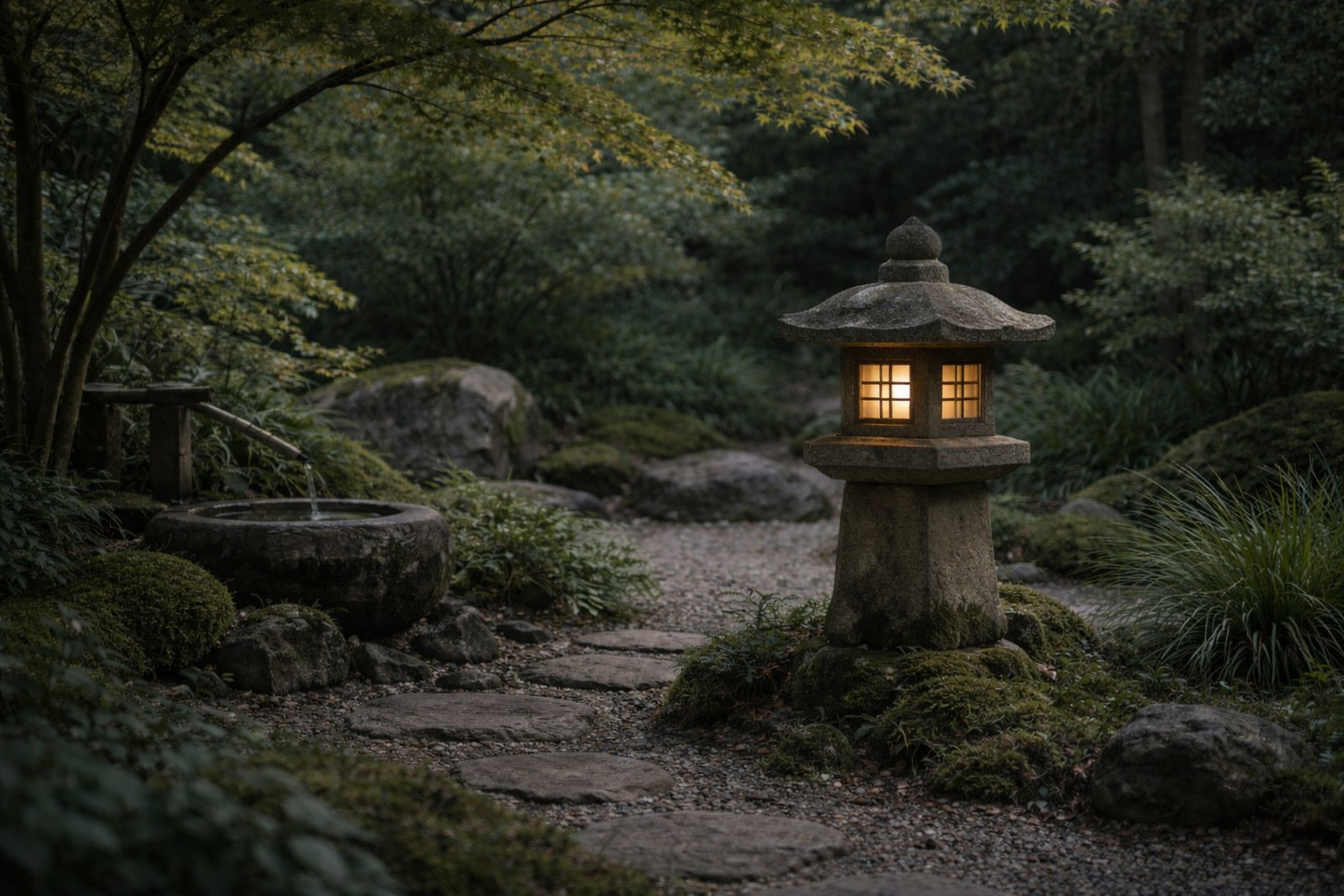 Japanese stone lantern glowing softly in a Zen garden at dusk