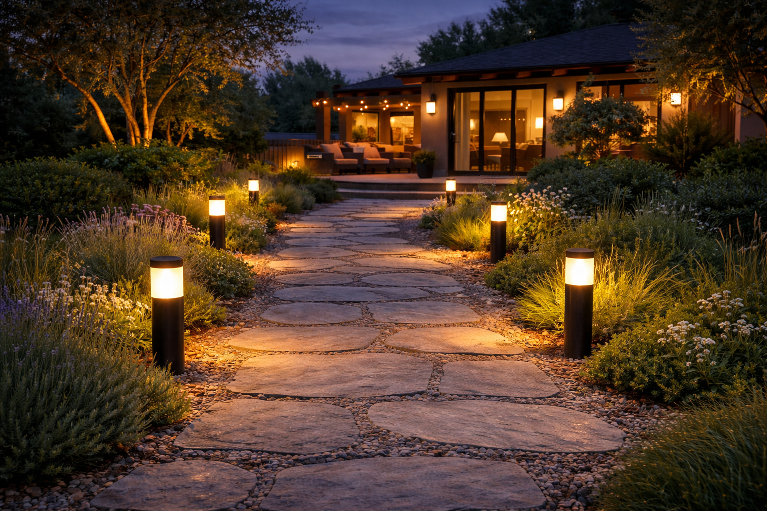 Stone garden pathway illuminated by warm bollard lights and landscape lighting, leading through planted borders to a modern house with a lit patio at dusk.