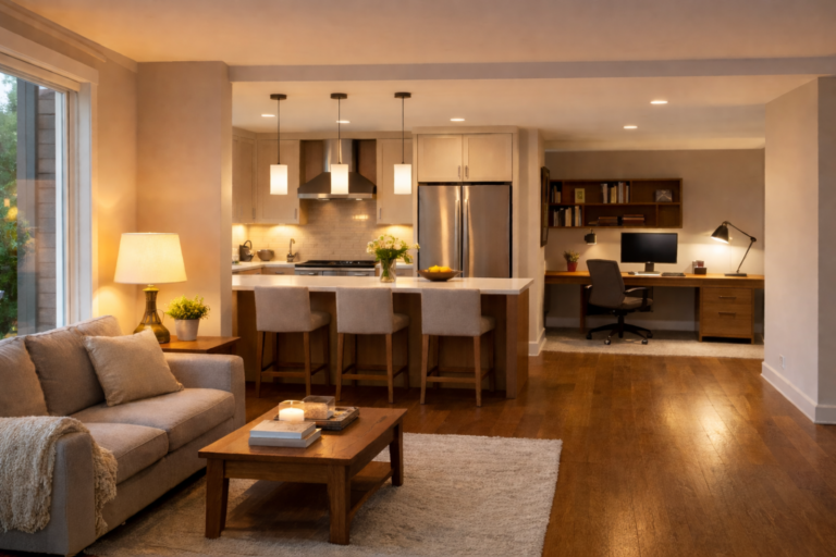 Different colour temperatures used in living room, kitchen and home office lighting