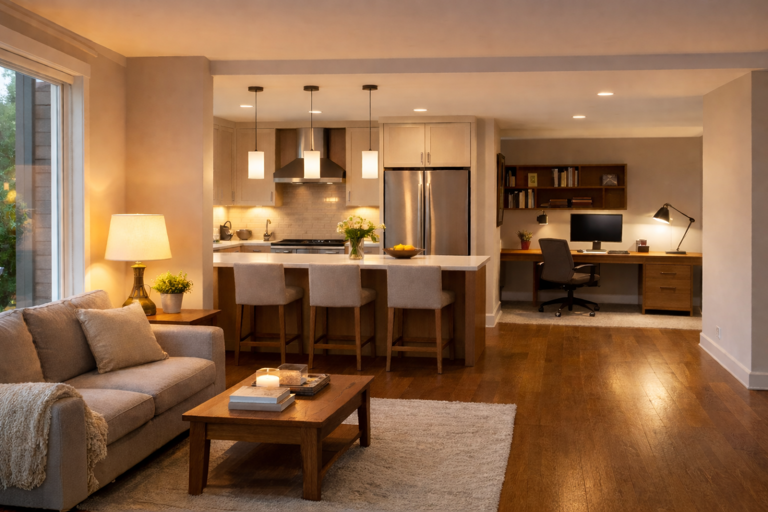 Different colour temperatures used in living room, kitchen and home office lighting