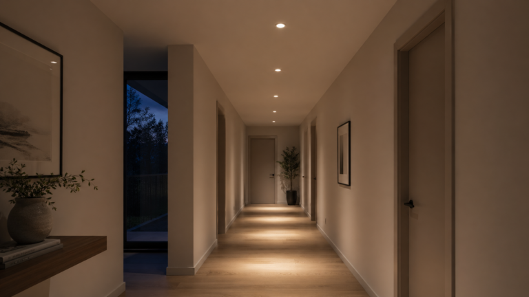 Modern hallway with recessed ceiling downlights providing even, low-glare lighting along a corridor