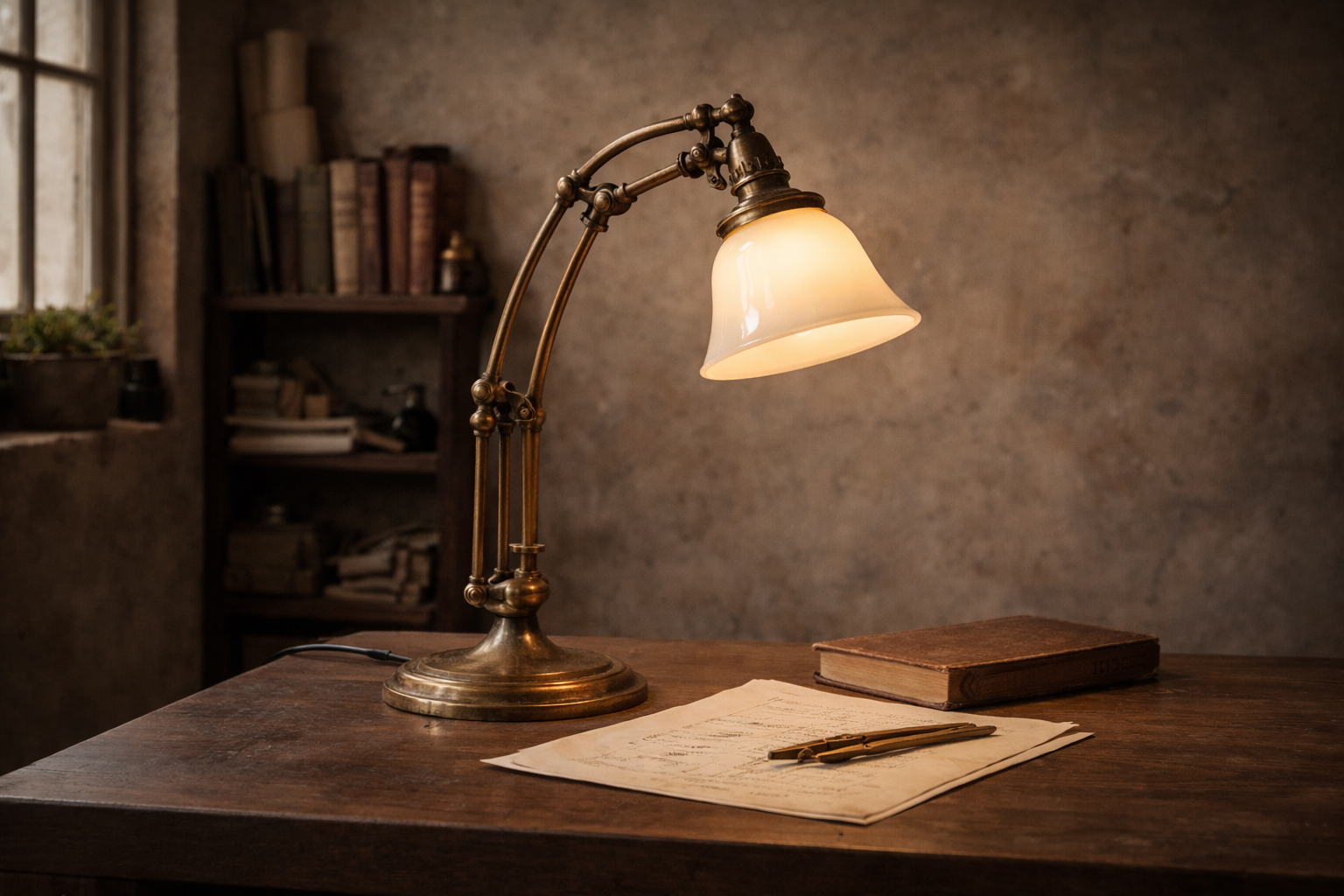 arts and crafts brass table lamp in traditional study with warm early electric lighting