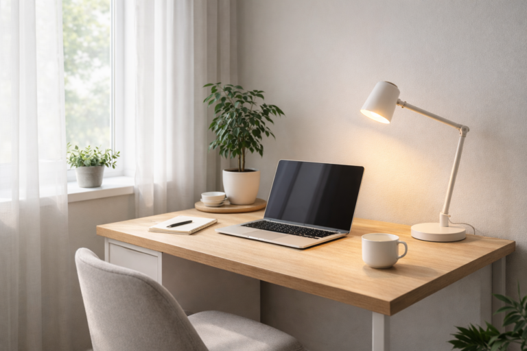 Modern home office desk with task lamp, laptop and soft natural daylight from window