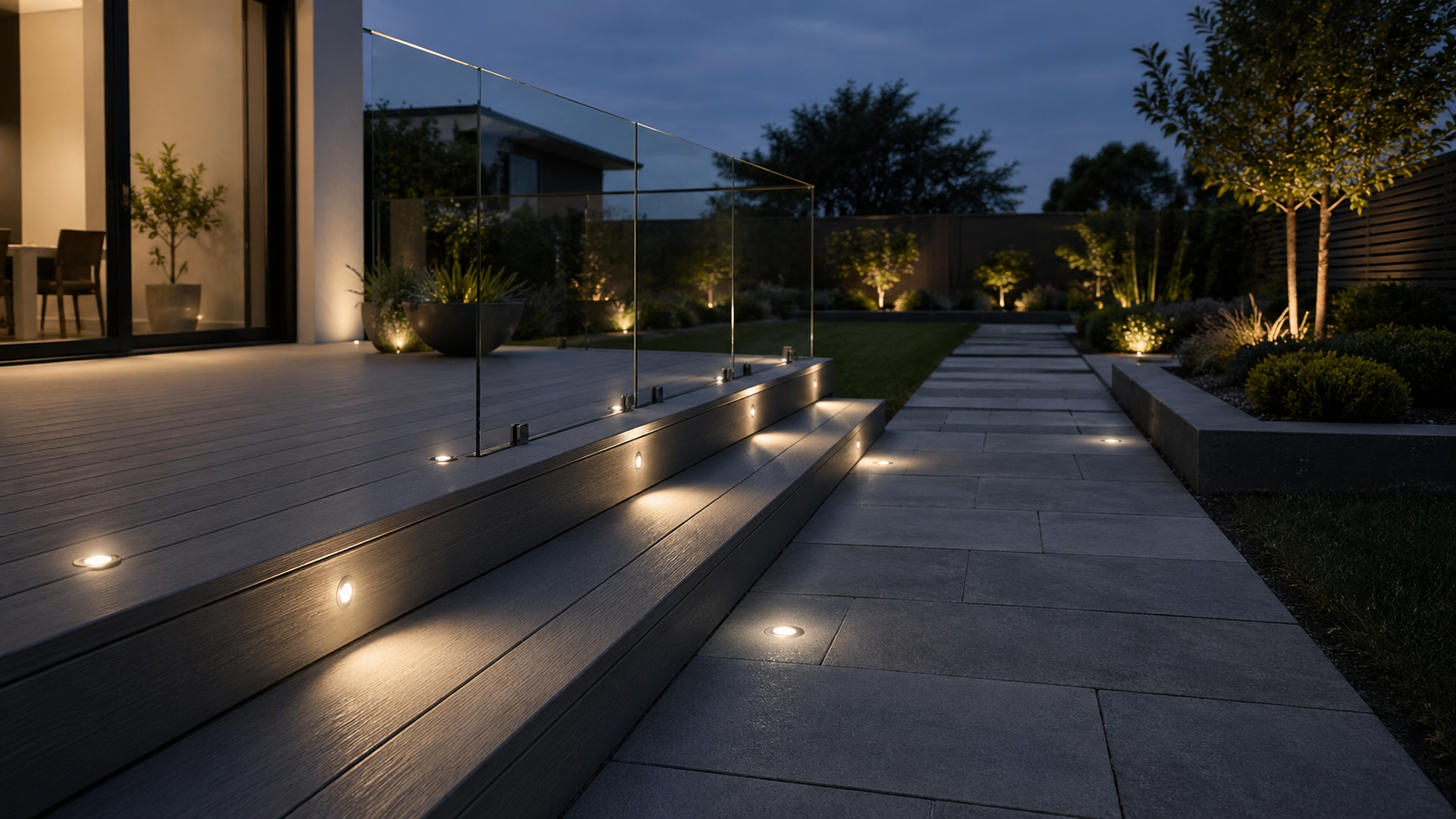 Recessed ground and deck lights integrated into grey composite decking steps and a stone pathway with glass railing at dusk
