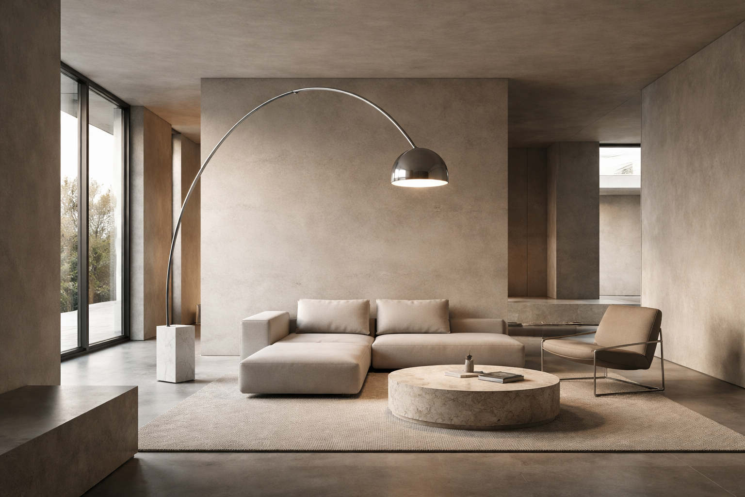 flos arco style floor lamp providing directional light in a modern minimalist living room