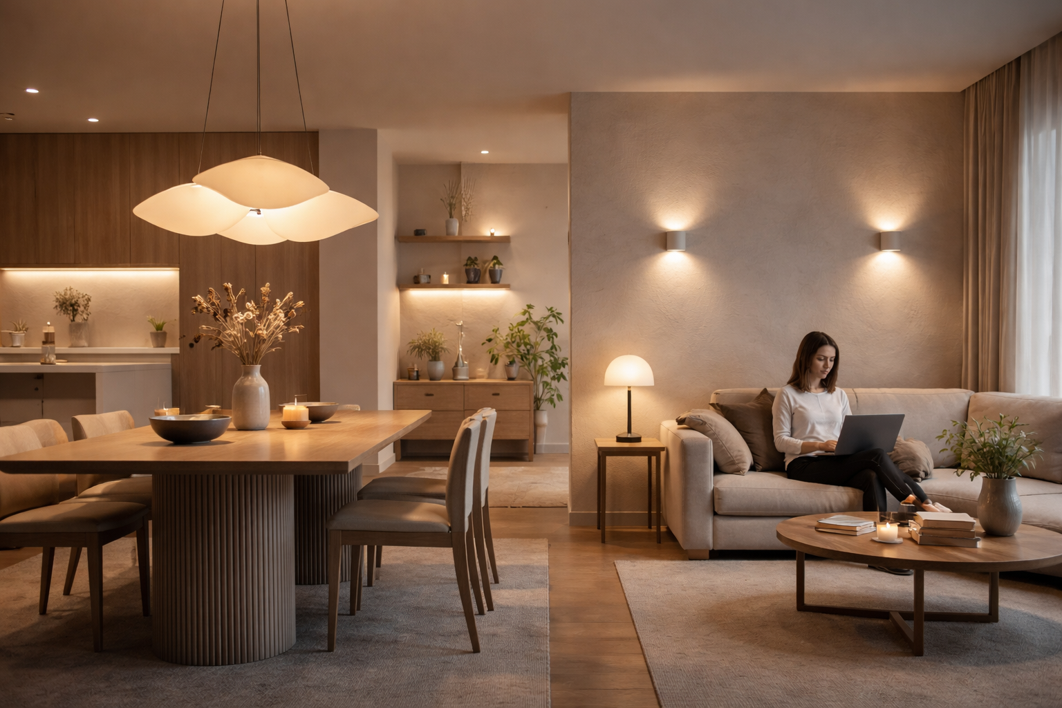 Modern living and dining space with pendant light, wall lights, and table lamp creating warm layered lighting