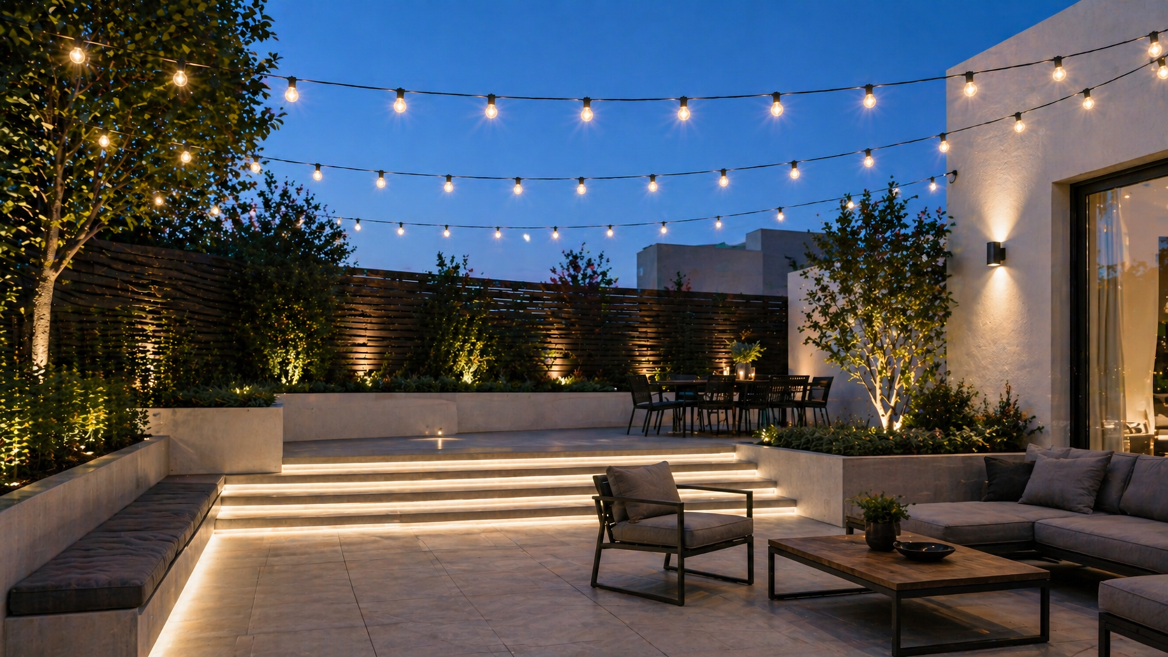 Structured string lights creating soft ambient lighting in a modern outdoor patio at dusk