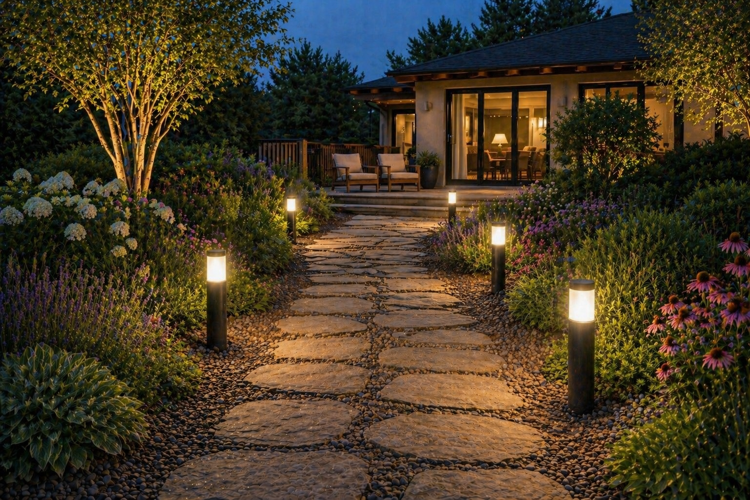 Illuminated stone path through a landscaped garden with colourful flowers and outdoor lighting at dusk