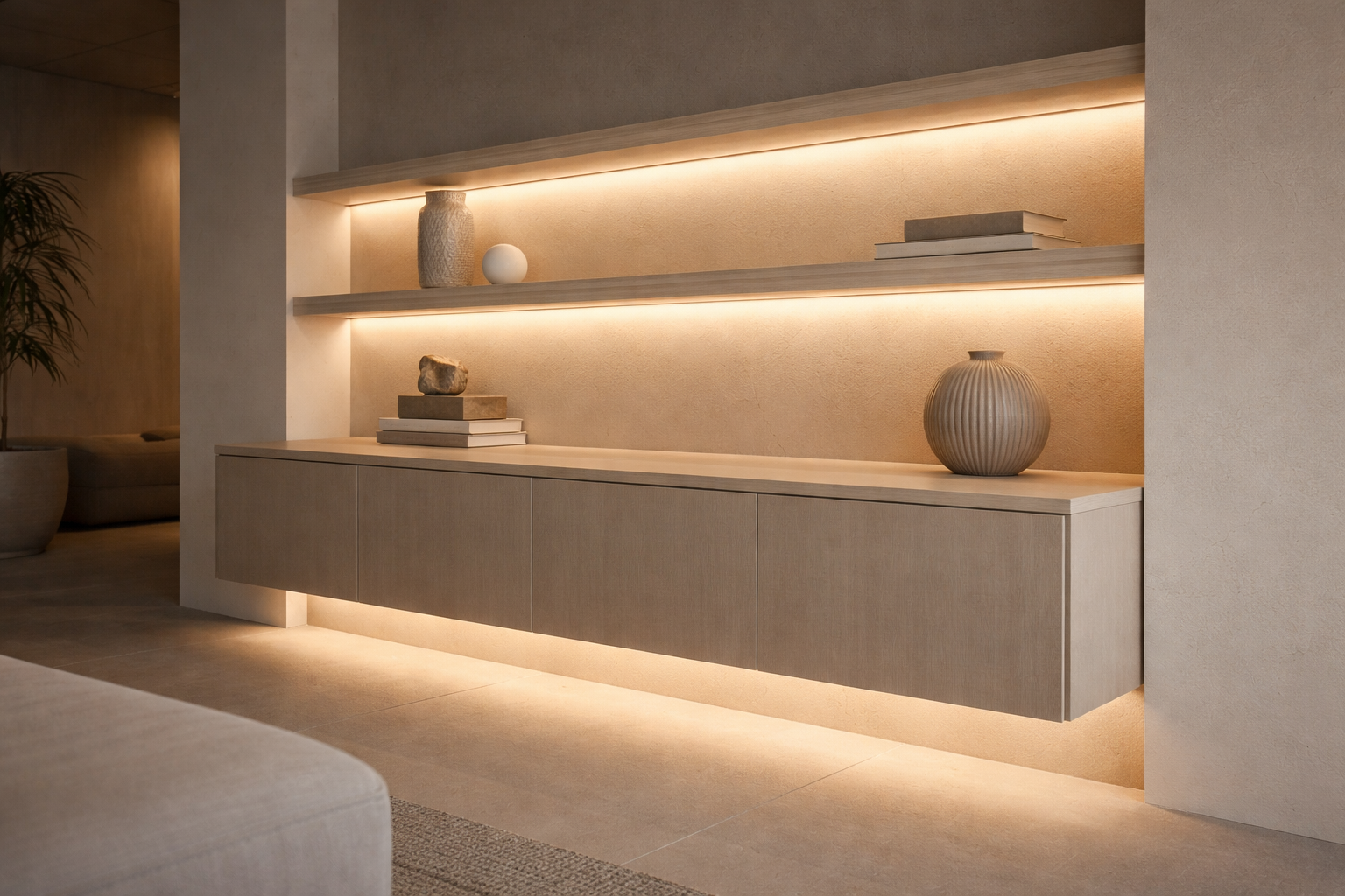 Integrated plinth and shelf lighting in a modern interior creating a floating cabinet effect with soft warm architectural illumination