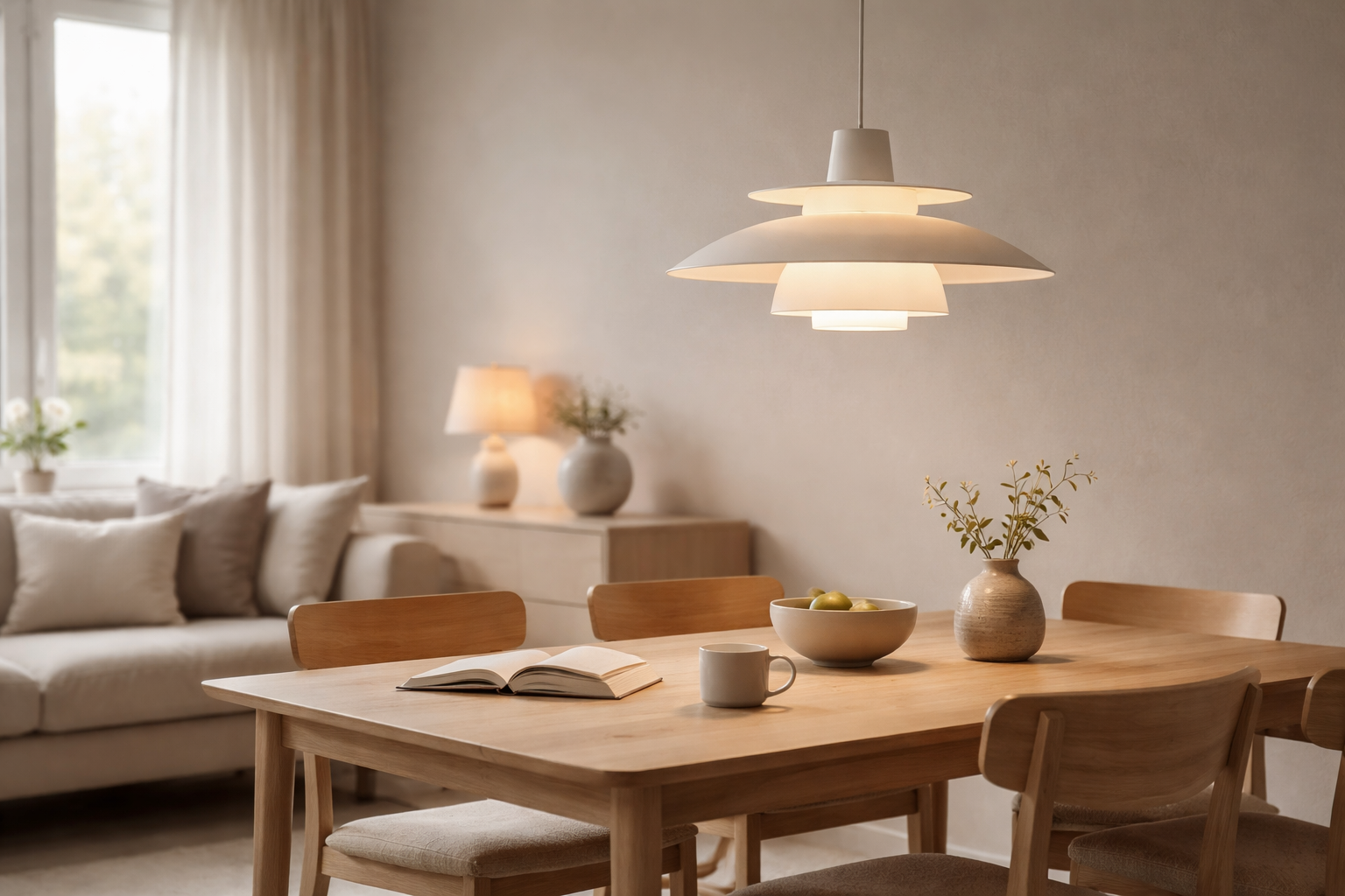 louis poulsen style ph pendant providing soft glare-free light over a scandinavian dining table